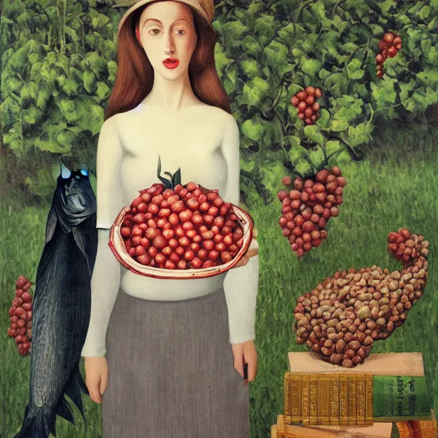 Prompt: tall emo female artist holding a large fish standing in a library, berries, vines, pigs, xylophone, acrylic on canvas, surrealist, by magritte and monet