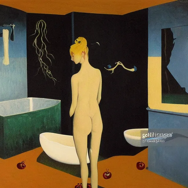 Image similar to tall female emo artist in her flooded bath, water gushing from ceiling, painting of flood waters inside an artist's bathroom, a river flooding indoors, pomegranates, pigs, ikebana, zen, water, octopus, river, rapids, waterfall, black swans, canoe, berries, acrylic on canvas, surrealist, by magritte and monet