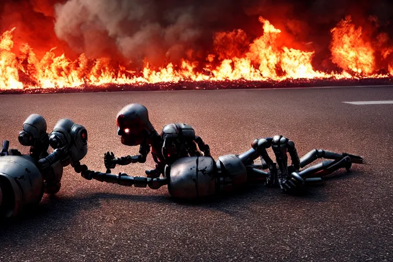 Image similar to vfx film closeup, dead robot couple on the ground holding hands, city street tire tracks fire. flat color profile low - key lighting award winning photography arri alexa cinematography, hyper real photorealistic cinematic atmospheric cool colorgrade