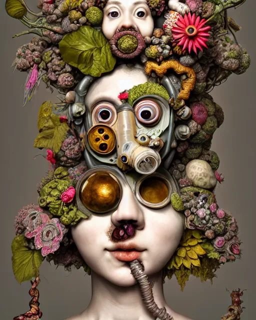 Image similar to a maximalist biomorphic portrait with with large eyes, expressive, wearing a botanical gas mask by arcimboldo, baroque painting by ayami kojima, mark ryden, haunting surrealism by dali, statue, high fashion design, focus on head, soft light, 4 k, octane high quality render