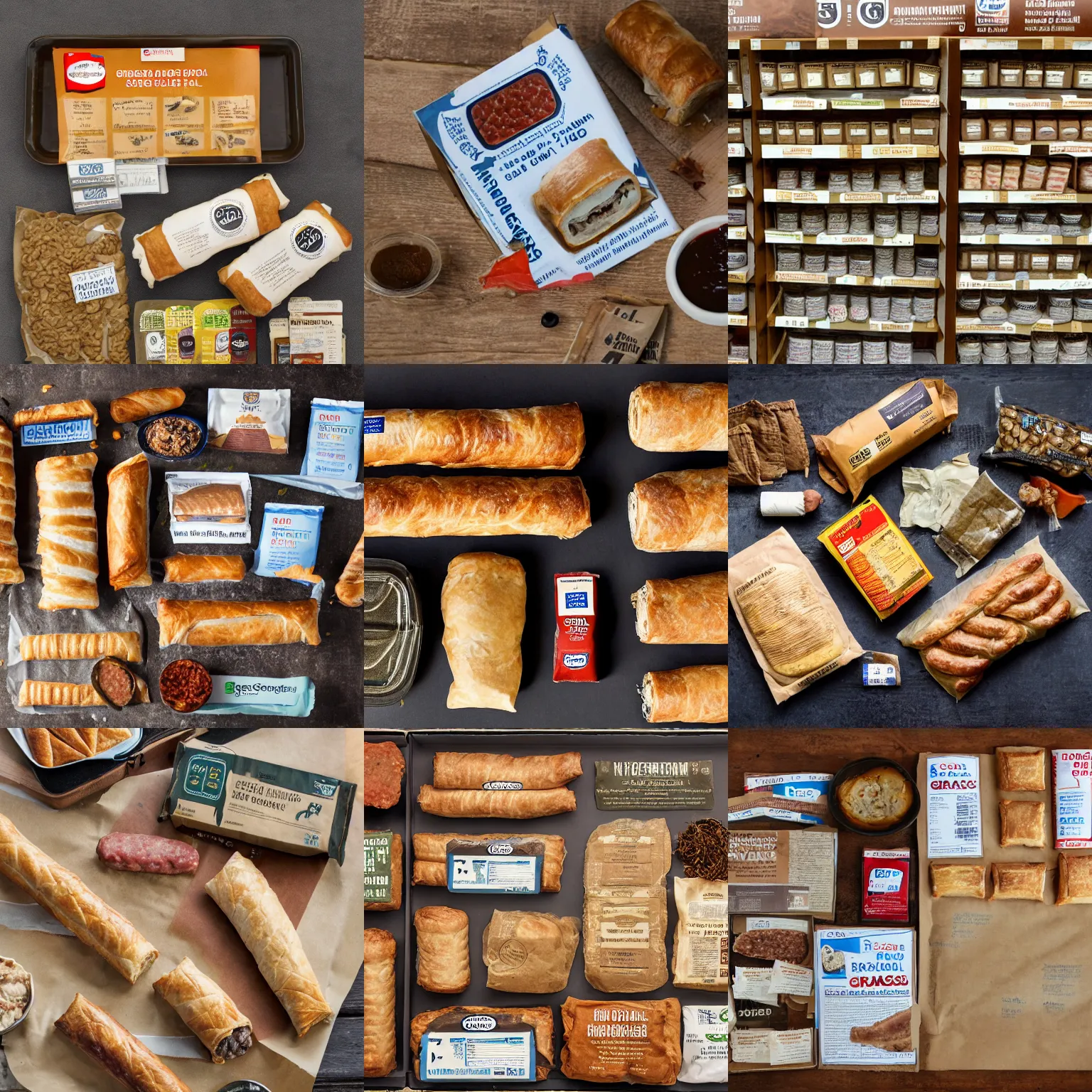 Prompt: greggs sausage roll, mre, field ration, army ration, army field ration, ration, famine photgraph,