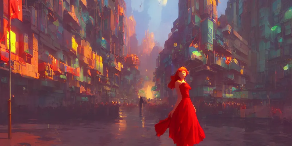 Image similar to gorgeous bright girl holding a red flag wading through fractal city and crowd by Craig Mullins, ilya kuvshinov, krenz cushart, artgerm trending on artstation by Edward Hopper and Dan Mumford and WLOP and Rutkovsky, Unreal Engine 5, Lumen, Nanite