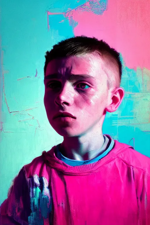 Image similar to portrait of a young boy nor living not death in a postapoliptic forgotten world, in the colors hot pink and cyan, beautiful face, rule of thirds, complex outfit, spotlight, octane render, dramtic lit, by greg rutkowski, by jeremy mann, by francoise nielly, by van gogh, digital painting