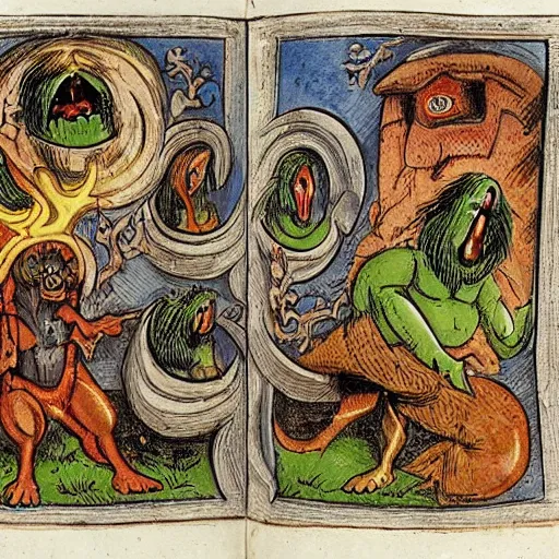 Image similar to medieval bestiary of repressed emotion monsters and creatures starting a fiery revolution in the psyche, in the style of Carlos Victor Ochagavia
