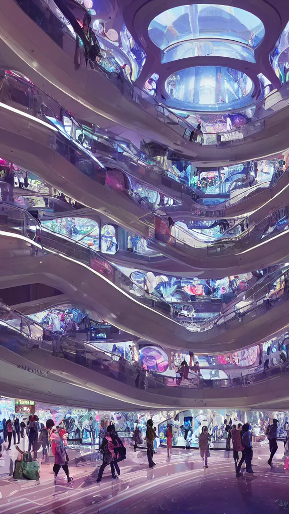 Prompt: interior of pristine intergalactic spaceship, department shopping mall, complex escalator system, futuristic glowing temple with fashion mannequins display, at night and cluster of shopping customers, by makoto shinkai, moebius!, oliver vernon, joseph moncada, damon soule, manabu ikeda, kyle hotz, dan mumford, by kilian eng