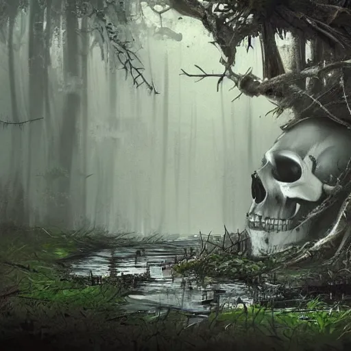 Prompt: concept art of abandoned skull, trees, puddles of water, bushes and leafs, by filip hoda