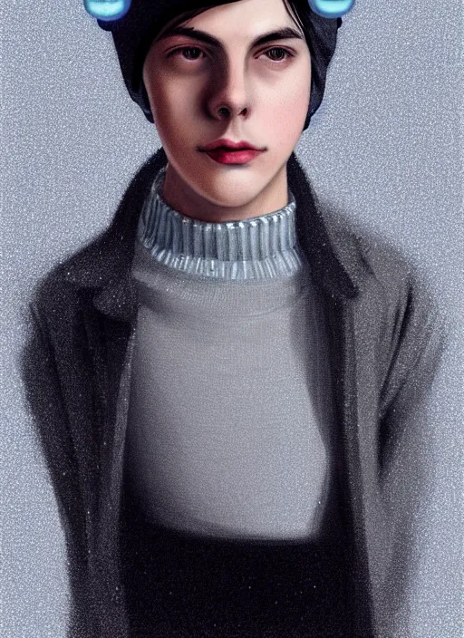 Image similar to portrait of teenage jughead jones wearing a light grey crown, crown, blue turtleneck, 1 9 5 0 s, closed eyes, photorealistic, black hair, glowing lighting, intricate, elegant, glowing lights, highly detailed, digital painting, artstation, concept art, smooth, sharp focus, illustration, art by wlop, mars ravelo and greg rutkowski