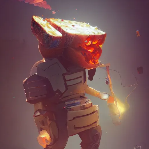 Image similar to cinematic portrait of toasted bread warrior, pixar character, volumetric lighting. dynamic composition. by sachin teng and sergey kolesov and ruan jia and heng z. graffiti art, scifi, fantasy, hyper detailed. octane render. concept art. trending on artstation