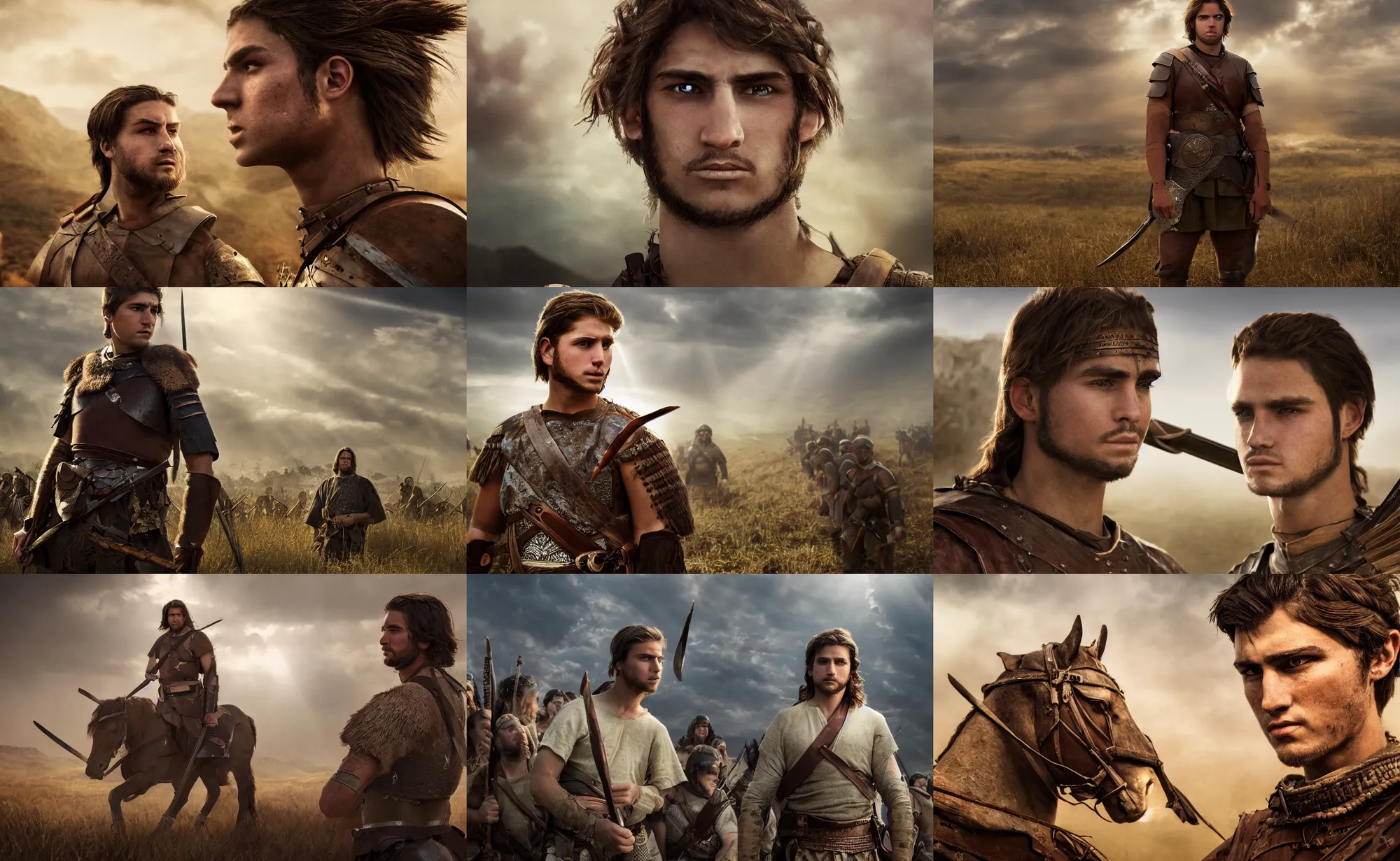 Prompt: cinematic artwork of a caucasian warrior in his twenties with brown hair, brown eyes and a small chin looking solemn as he surrounded by an enemy army by greg rutowski, 4 k, masterpiece, sun rays