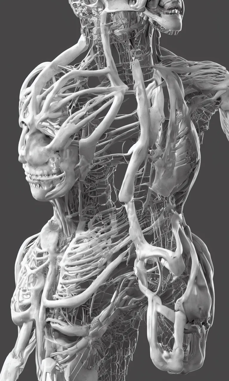 Image similar to anatomy of a human body in white porcelain environmental occlusion, H.R. Giger, photorealistic, 8k, digital art, unreal engine, unreal engine render, blender render, render, 4k, coherent