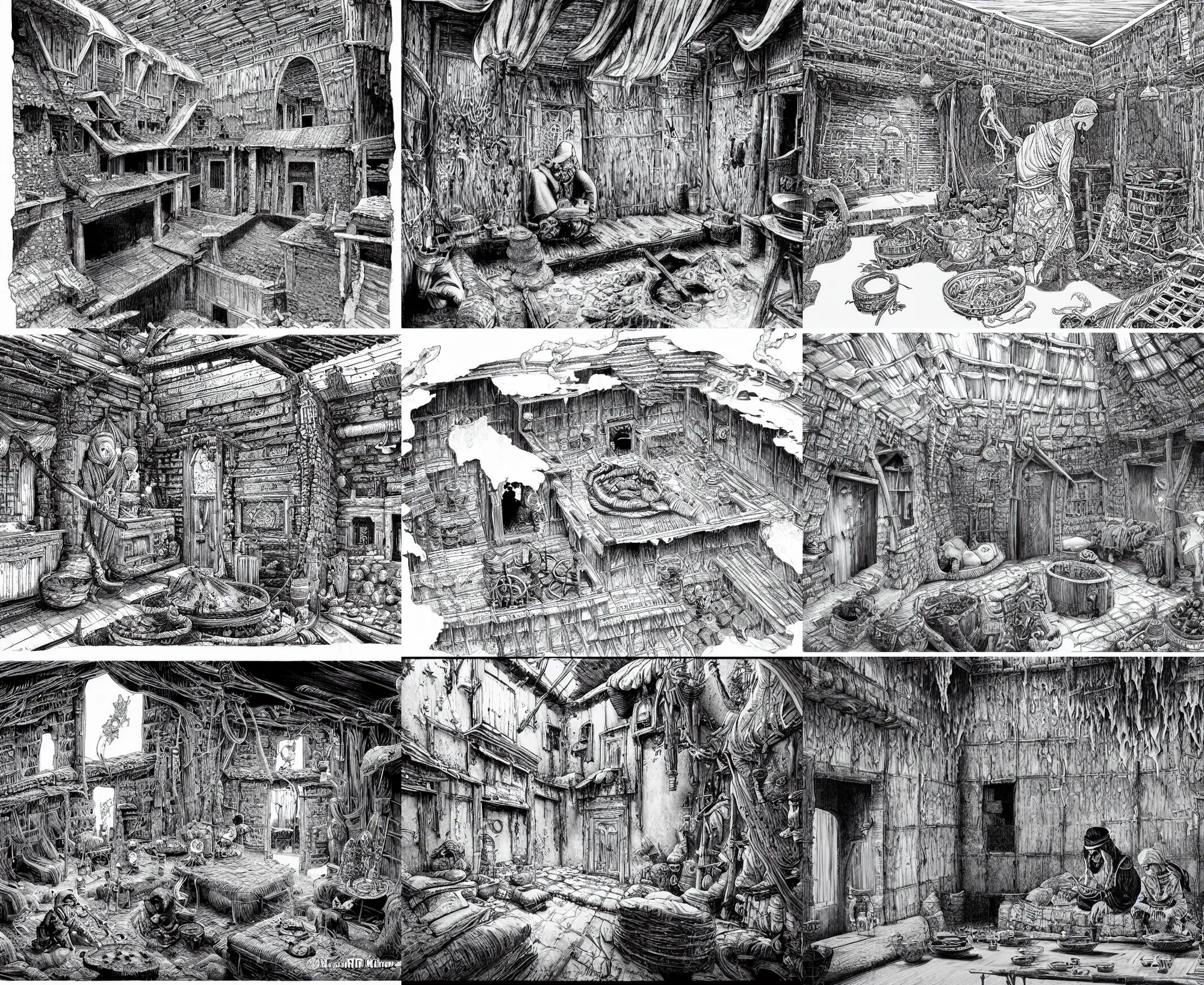 Prompt: highly detailed ink illustration of the interior of a najdi mud house, b & w clean shaped illustration by kim jung gi, ron english and eiichiro oda