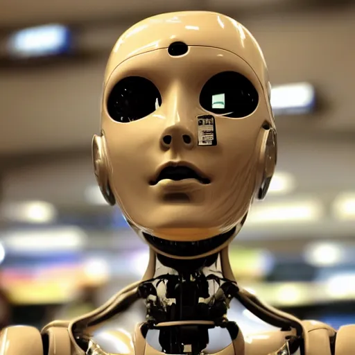 Prompt: photo of a robot who looks almost the same as a human in a store display hiding a dark secret, synthetic skin!!!, highly detailed face, expressive face, cyberpunk, year 3022, medium close-up, depth of field, ISO 300, aperture f11, 1/100 obturation speed