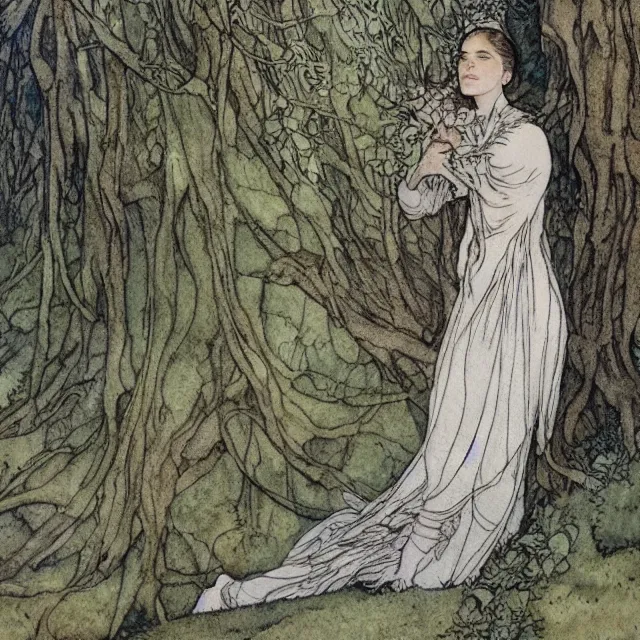 Image similar to a detailed, intricate watercolor and ink portrait illustration with fine lines, of a lovely, pretty, young alicia vikander with a detailed face in a dress sitting on the mossy ground reading under a gnarled tree, by arthur rackham and edmund dulac and ted nutall and mucha