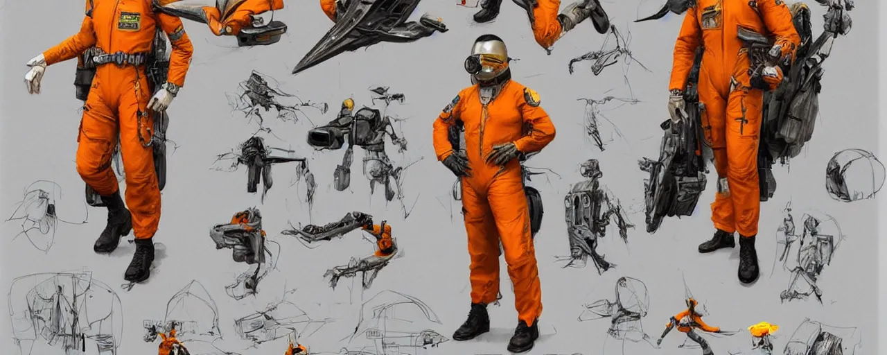 Prompt: character design, reference sheet, gaunt, 70's jetfighter pilot, unshaven, optimistic, dirty yellow and orange flight suit, in a dark hangar, concept art, photorealistic, hyperdetailed, 3d rendering! , art by Leyendecker! and thomas moran,