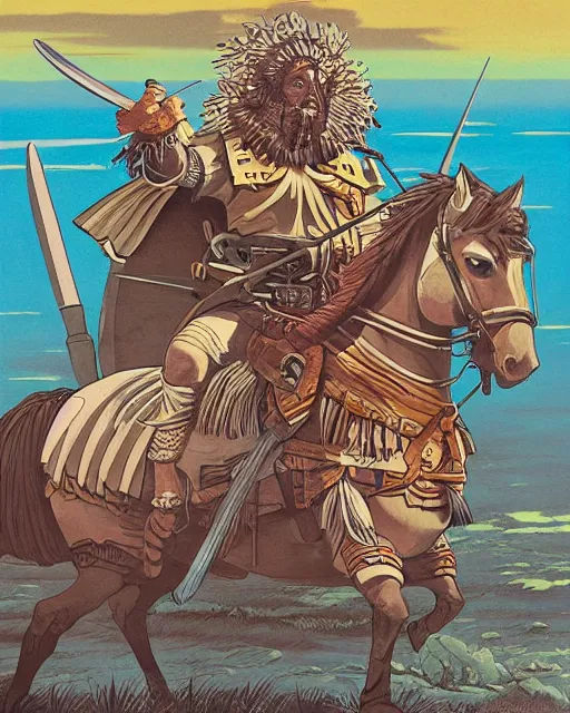 Image similar to ultrareallistic illustration of barbaric spanish conquistador, symmetrical, by yoichi hatakenaka, studio ghibli and dan mumford