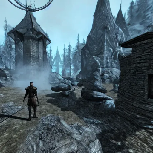 Prompt: walking through skyrim, the NPCs are replaced with futuristic robots