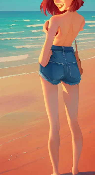 Image similar to lois van baarle, artgerm, helen huang, by makoto shinkai and ilya kuvshino, rossdraws, illustration, art by ilya kuyshuno. cute scarlet red haired cyborg woman, denim shorts, at beach at sunset, beautiful face, smile, clean vector art, exaggerated proportions, looking at me