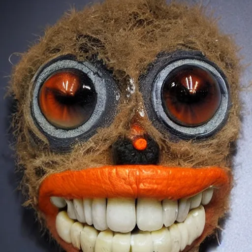 Prompt: a dusty dry taxidermy of a real - life orange, glass eyeballs, false teeth,