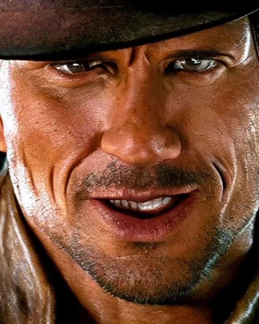 Image similar to Film still close-up shot of Dwayne Johnson as Indiana Jones in the movie Raiders of the Lost Ark. Photographic, photography