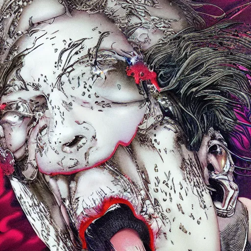 Image similar to closeup of face melting and tongues, by yoichi hatakenaka, masamune shirow, josan gonzales and dan mumford, ayami kojima, takato yamamoto, karol bak