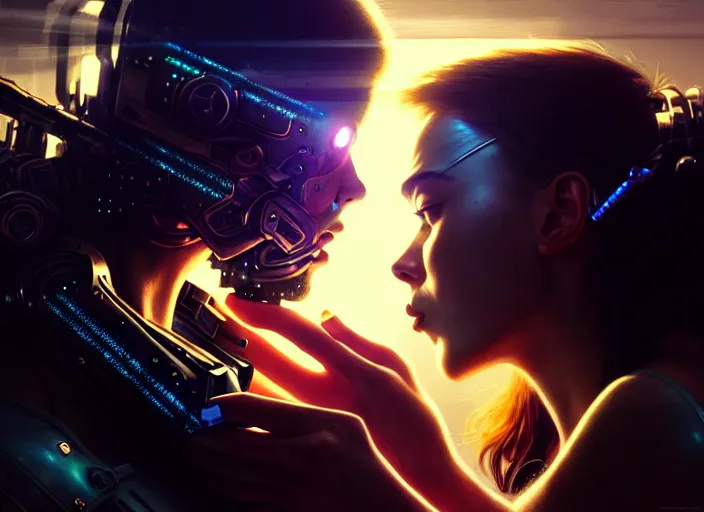 Image similar to cyberpunk, sci - fi, fantasyultra realistic medium shot of a couple of cyborgs kissing, lovers, artstation, soft light, volumetric lighting, night, intricate, highly detailed, digital painting, concept art, smooth, sharp focus, illustration, art by artgerm and greg rutkowski and alphonse mucha