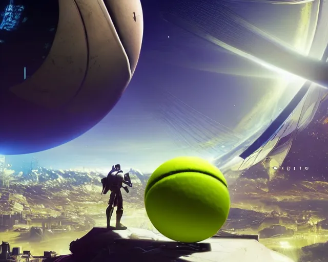 Prompt: the traveler in destiny 2 but it's a massive tennis ball floating in the sky over a large city digital art 3 d 4 k wallpaper cover art destiny 2 fanart cinematic