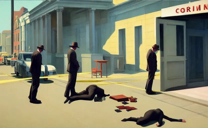 Image similar to detectives on crime scene, very coherent, painted by Edward Hopper, Wayne Barlowe, painted by James Gilleard, airbrush, art by JamesJean