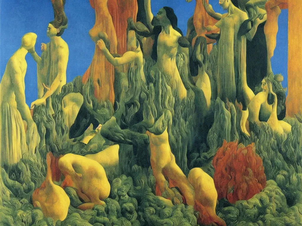 Image similar to Scene from a Romanian movie. Painting by Rene Magritte, Jean Delville, Max Ernst, Maria Sybilla Merian