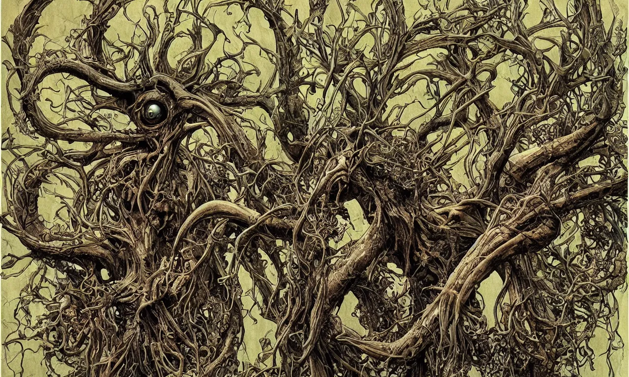 Image similar to hyperdetailed art nouveau portrait of treebeard as a cthulhu eyeball skull wendigo cryptid monster, by geof darrow, simon bisley and bill sienkiewicz, grim yet sparkling atmosphere, photorealism, claws, skeleton, antlers, fangs, forest, wild, crazy, horror, lynn varley, lovern kindzierski, steve oliff