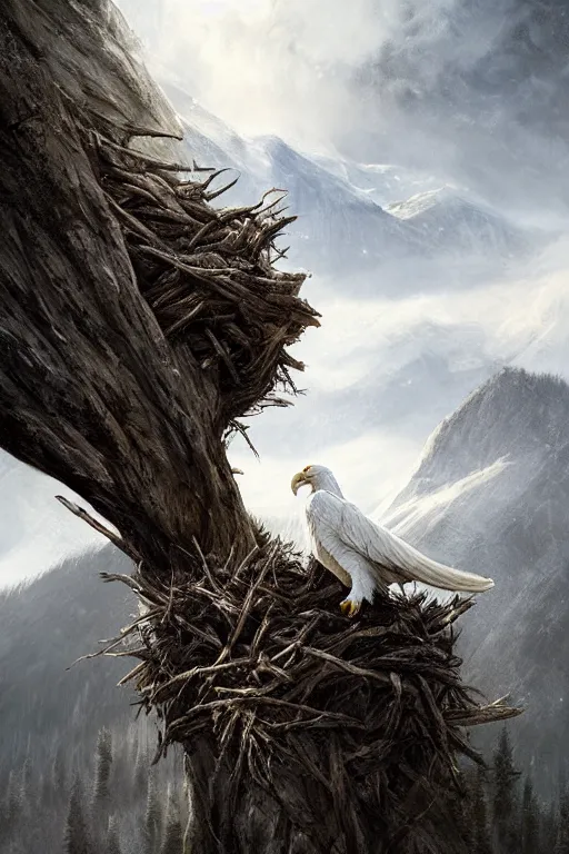 Image similar to portrait of majestic white eagle on his Nest in the mountains, Single face, dramatic lighting, cinematic, establishing shot, extremly high detail, photo realistic, cinematic lighting, post processed, concept art, artstation, matte painting, style by eddie mendoza, raphael lacoste, alex ross