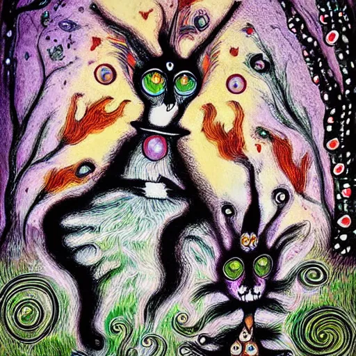 Prompt: The deranged lovechild of Tim Burton and Louis Wain