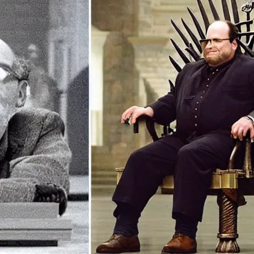 Image similar to George Costanza from Seinfeld sitting on the iron throne from Game of Thrones