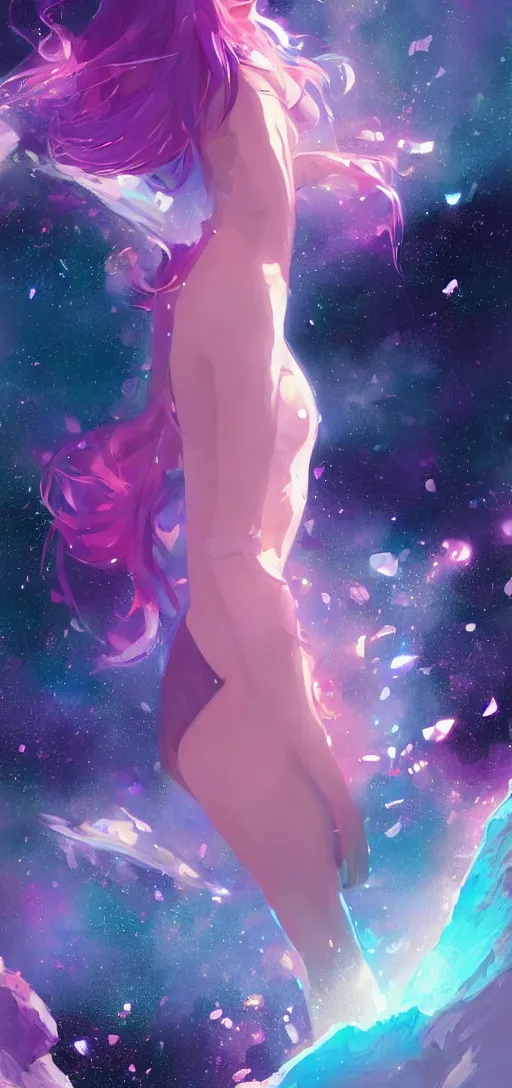 Image similar to beautiful woman floating in space peacefully, crystallized bodysuit, pinks blue an purples, extra long hair, full body, wojtek fus, by Makoto Shinkai and Ilya Kuvshinov,