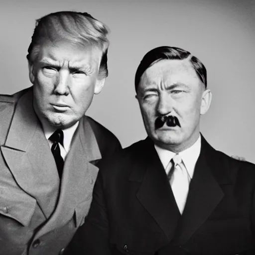 Image similar to world War 2 portrait of a very happy Donald Trump standing next to Adolf Hitler, black and white photography, shot by Annie Leibovitz, 4k, 8k, highly detailed