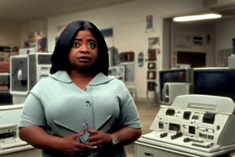 Image similar to cinematic screenshot of octavia spencer in a used electronics store standing in front of an old keyboard, iconic scene from the paranoid sci fi thriller film directed by pt anderson, apartment set in the near future, cinematic shot with anamorphic lenses, color theory, apartment design, leading lines, photorealistic, volumetric lighting, 2 0 2 2 4 k film