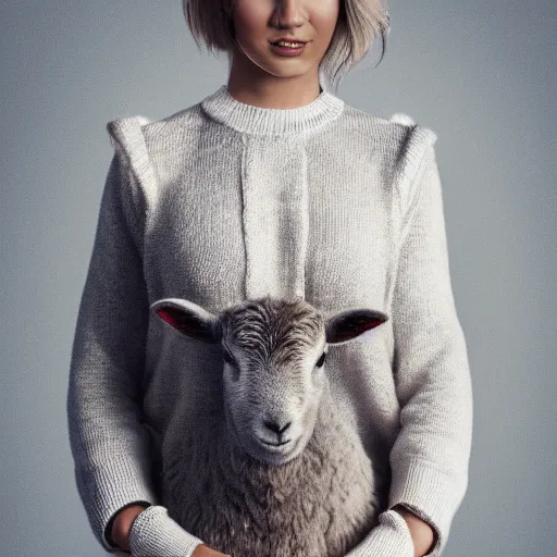 Prompt: lamb wearing a sweater, canon portrait, full body shot 4k, blurry background, artwork, artstation,