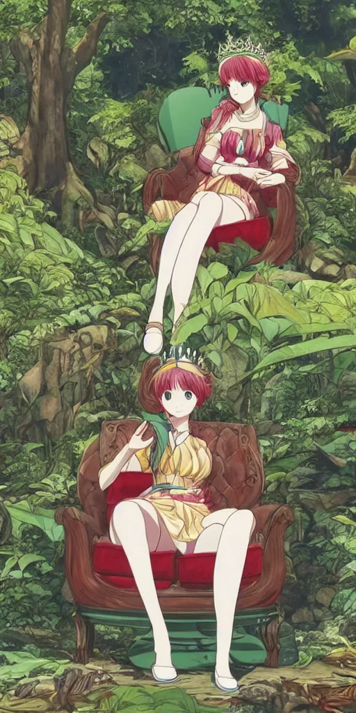 Image similar to a queen of good vibes sitting by herself on a sofa in a forest, drawn by CloverWorks, intricate detail