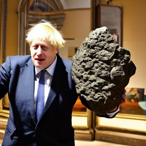 Image similar to boris johnson stealing fossils from a museum