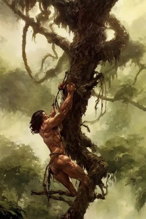 Image similar to tarzan swinging from a tree, by Frank Frazetta, Greg Rutkowski, Boris Vallejo, epic fantasy character art, Exquisite detail, post-processing, low angle, masterpiece, cinematic