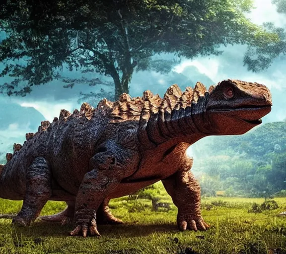 Prompt: jurassic world movie scene of ankylosaurus, ultra realistic, rocky terrain, sun, cloudy sky, jungle, uncropped full body shot, pinterest