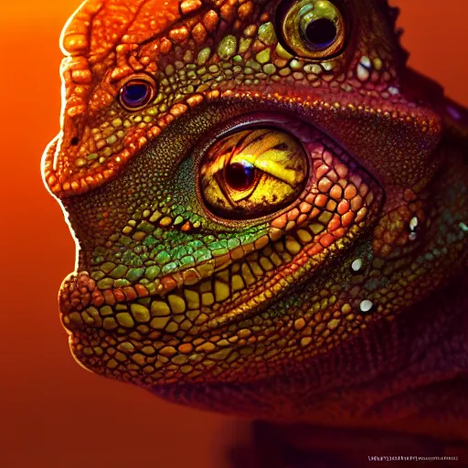 Prompt: close up portrait of a young chameleon lizard as a wizard, pixar style, stylized face, intricate detail, digital painting, glowing orange eyes, neon colors, particles floating, background by wlop, artwork by ross tran and ramond swanland and liam wong and mike winklemann, trending on artstation