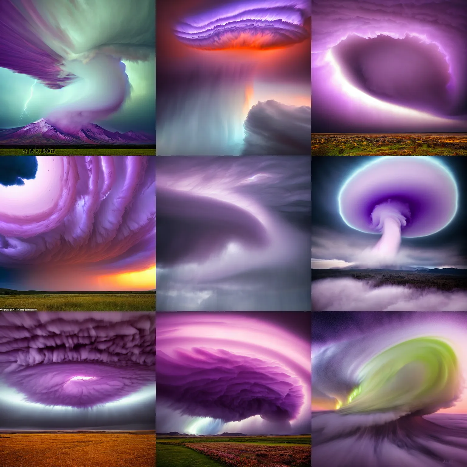 Image similar to amazing photo of purple clouds in the shape of a tornado by marc adamus, digital art, beautiful dramatic lighting