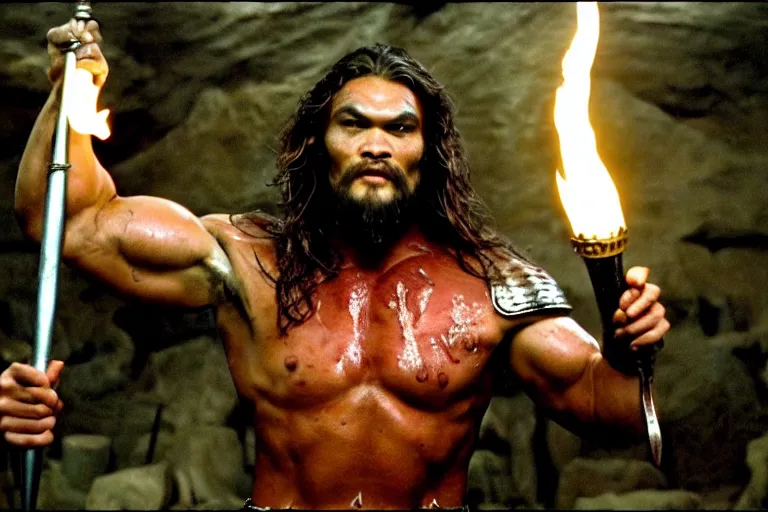 Image similar to film still from conan the barbarian, jason momoa as conan holding a torch in the catacombs of evil, fantasy armor, volumetric lighting, mist, wet skin and windblown hair, muscular!!!, masculine pose, ridley scott