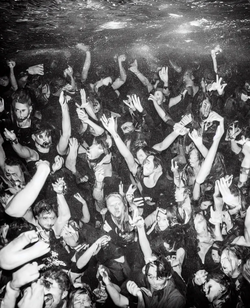 Image similar to photos of a wild underground party taken by merlin bronques, expert everything is under water