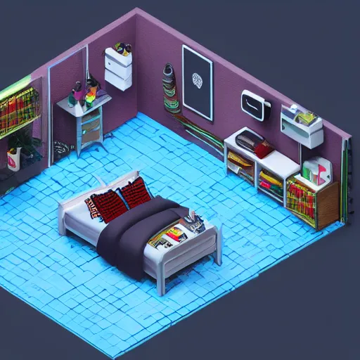 Prompt: miniature diorama isometric bedroom, ultimate rgb gaming computer, blender cycles, octane 3 d