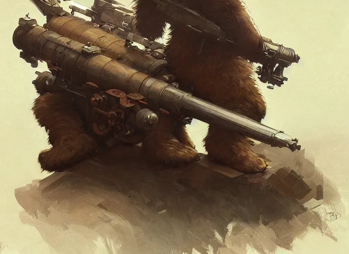 Prompt: a bear with a giant cannon in the back, elegant, technology, highly detailed, digital painting, artstation, concept art, smooth, sharp focus, illustration, art by krenz cushart and artem demura and alphonse mucha