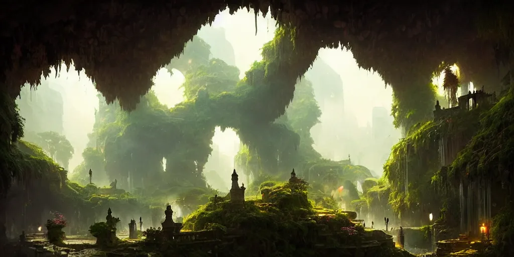 Image similar to City hidden in a cave, natural light, lush plants and flowers, elegant, intricate, fantasy, atmospheric lighting, by Greg rutkowski