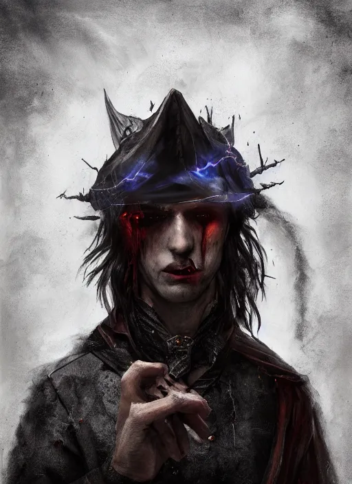 Image similar to A mixed media portrait painting of a fantasy vampire as a Sorcerer in a atmospheric dark fortress, unreal 5, DAZ, hyperrealistic, octane render, RPG portrait, ambient light, dynamic lighting