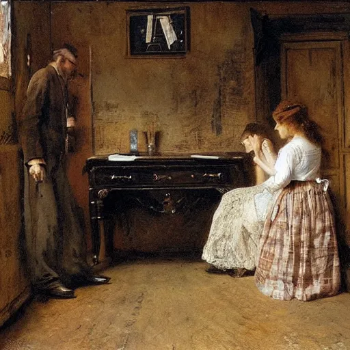 Image similar to a young man and a young woman solving an escape room puzzle, mysterious markings on the wall, by alfred stevens