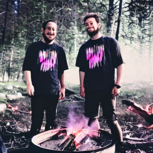 Image similar to grainy low quality 90s poloraid photo of a couple guys wearing Synthwave style shirts near a campfire, scanned photo, visual photo artifacts